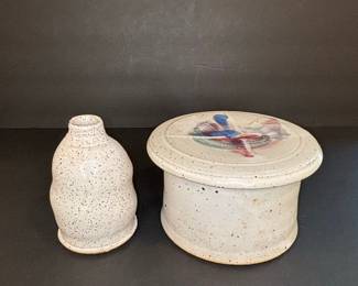 Speckled Stoneware Covered Jar with Abstract Floral Lid and Mini Vase