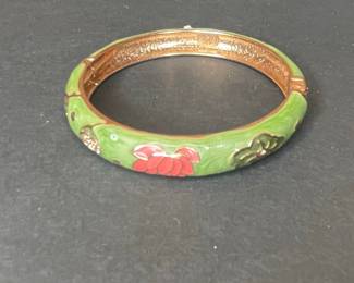 Vintage Cloisonné Floral Hinged Bangle Bracelet