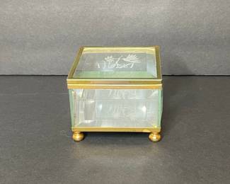 Vintage Etched Glass Trinket Box with Bird and Floral Design