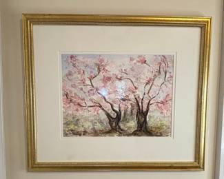 Watercolor Painting of Cherry Blossom Trees