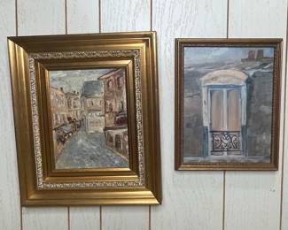Mid-Century European Street Scene and Balcony Oil Paintings