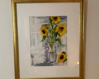 Original Watercolor Painting of Sunflowers in Vase by Barbara V.