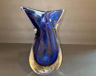 Vintage Murano Style Sommerso Fishtail Vase - Cobalt Blue and Clear