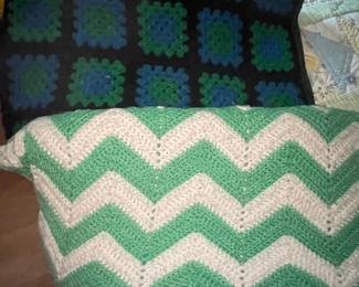 Vtg Handmade Crochet Afghans - Granny Square and Chevron Patterns