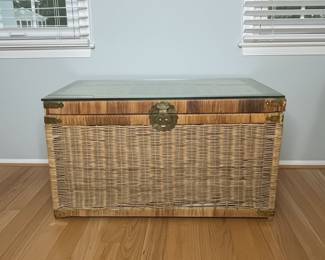 Vintage Chinoiserie Wicker and Brass Storage Trunk