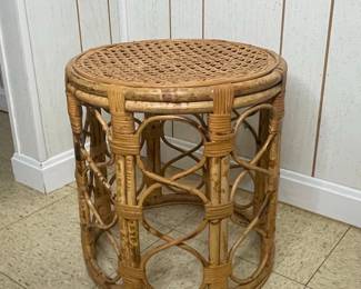 Vintage Rattan and Bamboo Drum Stool or Side Table