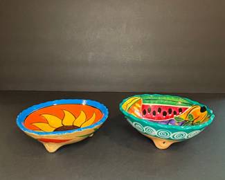Mexican Talavera Style Tripod Bowls with Sunflower and Watermelon Designs