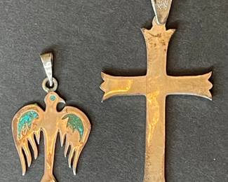 Sterling Silver Turquoise Inlay Cross and Bird Pendants