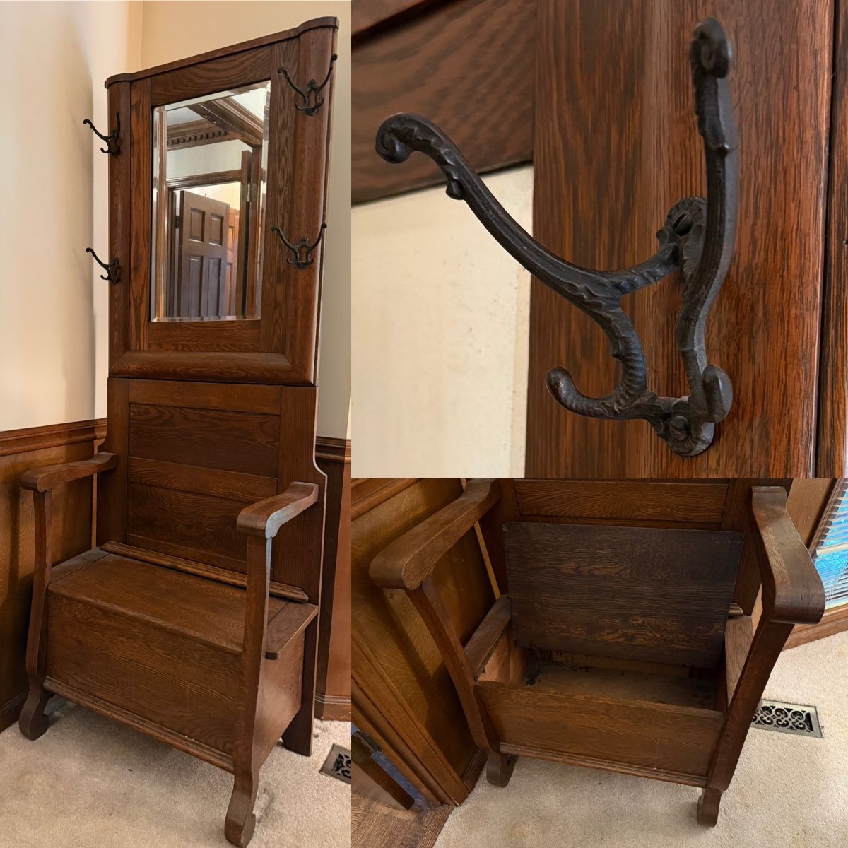 antique quarter-sawn oak hall tree beveled mirror, ornate cast-iron coat hooks, w/lift-top storage bench
