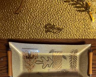 MCM gold leaf glass serving tray leaf motif & wooden handles by Colony Glass