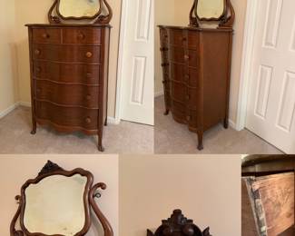 1890-1915 antique serpentine-front highboy chest of drawers  w/attached swivel mirror