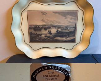  MCM Nashco toleware serving tray scalloped edges & landscape art print