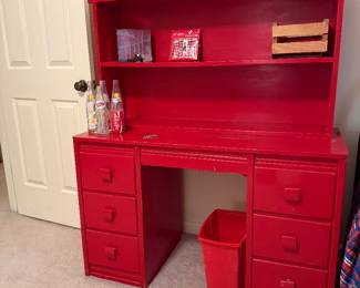 Red Painted Solid wood pedestal desk w/upper hutch & side columns of drawers