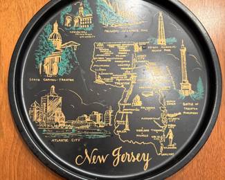 Vintage  1960s or 1970s black and gold metal souvenir serving tray map & landmarks of New Jersey