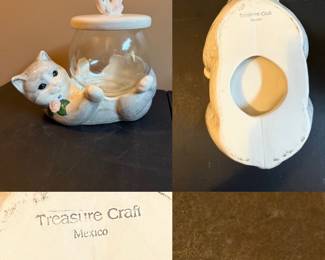  Vintage Treasure Craft Gray Kitty Cat with Glass Fish Bowl Cookie/Treat Jar made in Mexico