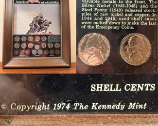 Vintage produced by The Kennedy Mint in 1974 "American Coins Go To War" framed coin display
