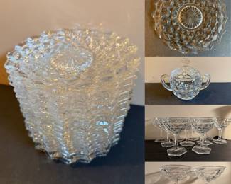 Vintage Fostoria American Clear Glass Salad or Dessert Plates, Vintage Fostoria American (Cubist ) pattern clear glass champagne, tall sherbet, or cocktail/dessert coupe glasses, Vintage Fostoria American Clear Glass Salad or Dessert Plates