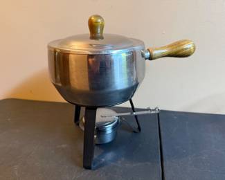 MCM stainless  Steel Fondue Pot Set Wood Handle Lid Stand Burner