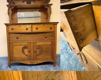   Victorian-style quarter-sawn oak sideboard/buffet carved crest,  w/mirror & support pillars