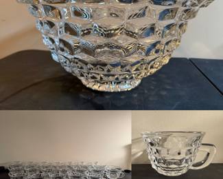 Vintage Fostoria American cubed pattern  punch bowl and punch cup set (w/large footed bowl and matching handled punch cups