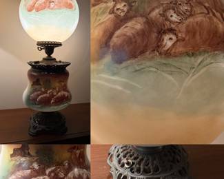 Vintage/Antique Victorian-style "Gone With the Wind" double-globe table lamp hand-painted pastoral scene w/sheep and a shepherd