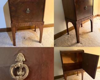  1920’s-30’s Art Deco walnut bedside cabinet/humidor end table single door w/decorative brass drop handle and Greek key carving