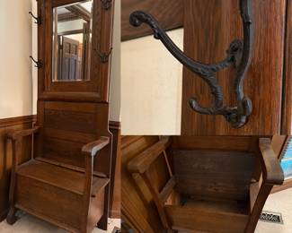 antique quarter-sawn oak hall tree beveled mirror, ornate cast-iron coat hooks, w/lift-top storage bench