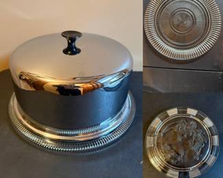 clear glass cake plate Sharon (Cabbage Rose) pattern Federal Glass  1935-1939,  MCM covered clear Jeanette Glass "Anniversary" cake plate pressed glass w/chrome or stainless steel dome with a black handle/knob, & Matching Serving platter