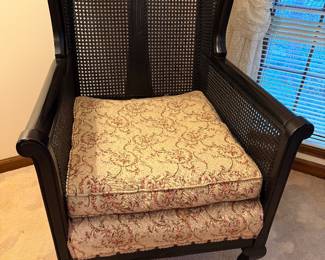 Pair Vintage black-painted wood cane-back and cane-paneled wingback armchair & matching Sofa