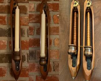 ( 2 )  Pair of vintage wooden textile loom boat shuttles repurposed into wall-mounted candle sconces