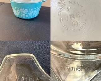 vintage Pyrex Amish Butterprint 1-quart turquoise & white round casserole dish (model 473) w/ original glass lid (model 470-