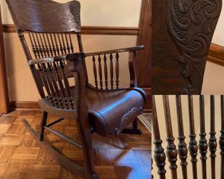 , antique oak pressback, curved Seat rocking chair, late 19th to early 20th century
