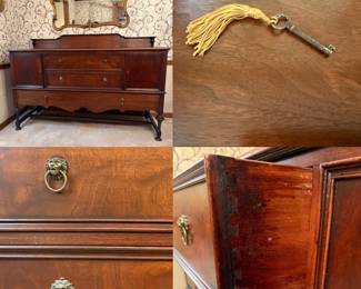 Vintage 1920s Jacobean or Tudor Revival style walnut sideboard buffet brass lion-head ring pulls
