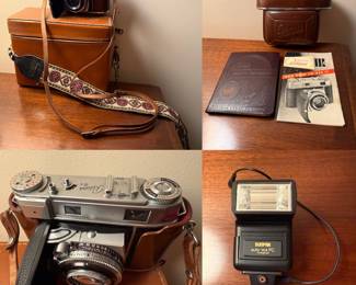 Kodak Retina llo 35mm folding camera, Sunpak auto 144 PC electronic flash, Schneider-Kreuznach lens, original pamphlets