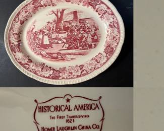 Homer Laughlin China Co. oval platter the "Historical America" series, red transferware  "The First Thanksgiving 1621