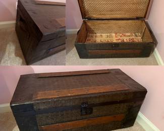 Antique Flat Top Steamer trunk, late 19th or early 20th century, embossed metal sheeting, wooden slats-Small Scale