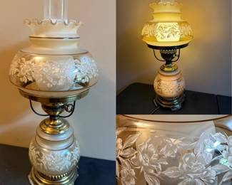 Quoizel "Satin Lace" etched/frosted (Model SL703G) Hurricane Table Lamp-Gone w/The Wind Style Lamp