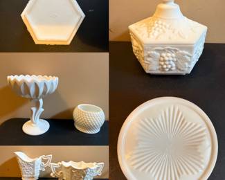   Vintage Indiana Milk Glass Lotus Blossom Pedestal Compote, Westmoreland Milk Glass English Hobnail (Diamond Point) Rose Bowl, Imperial Glass Company milk glass pieces featuring the Harvest Grape and Cable Covered Candy