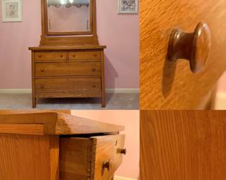 antique oak dresser w/matching framed mirror & classic wooden pull knobs
