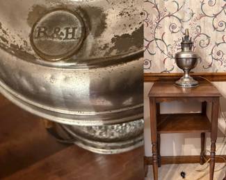 Bradley & Hubbard electrified Antique nickel-plated table oil lamp, 19th-century wooden tiered side table with turned legs