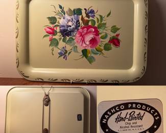 vintage hand-painted, cream-colored metal toleware serving tray by Nashco Products