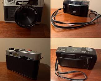 vintage Yunon YN 500 35mm film camera, black Ricoh One Take Dual 37-67mm tele/wide point-and-shoot 35mm film camera