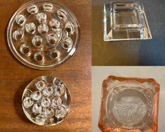 vintage clear glass flower frog, Adam pattern by the Jeannette Glass Company 1930’s Pink Depression ashtray, MCM Crystal Facet Cut Ashtrays Art Deco Style