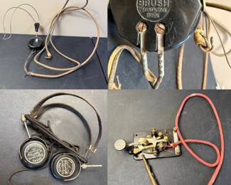 Antique Brass Morse Code Telegraph Key J-38, antique single-earpiece listening device, vintage Sears Standard Quality headphones with used with crystal radios in the 1920s -1930s