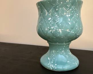  MCM mint green ceramic footed planter or vase with a white splatterware
