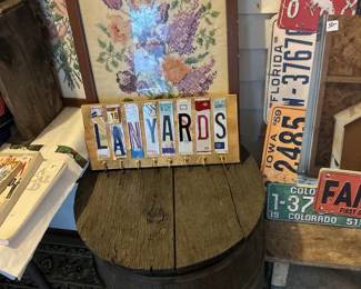Check out this great Oak barrel and lots of custom license plate art including a mirror, several key hangers and other framed pieces.