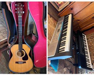 Yamaha acoustic guitar and two Casio keyboards.