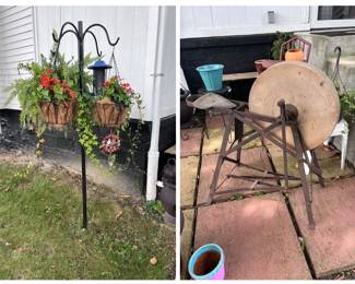 Multi-arm garden shepherd's hook, antique foot-treadle grindstone