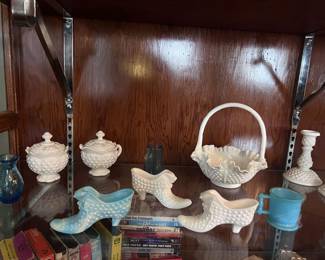 Small sample of the beautiful glass collection which includes Fenton, Imperial, milk, hobnail, Carnival, crackle and West Virginia glass