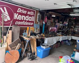 Garage is loaded with primitives, metal signs, hand tools, power tools, product, toys and more!